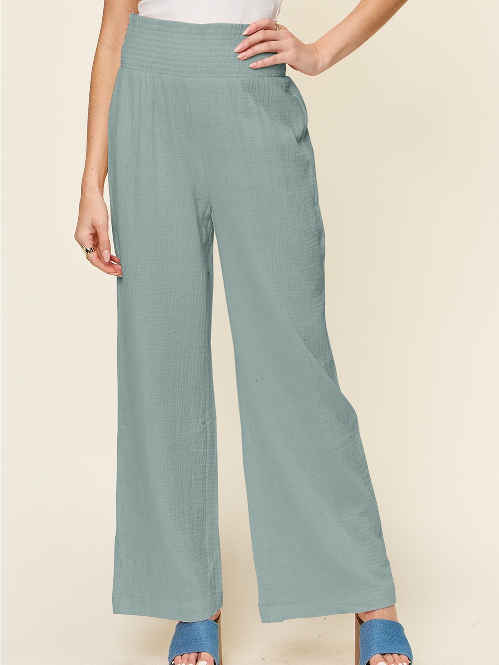 100% Cotton Gauze Smocked Wide-Leg Pants